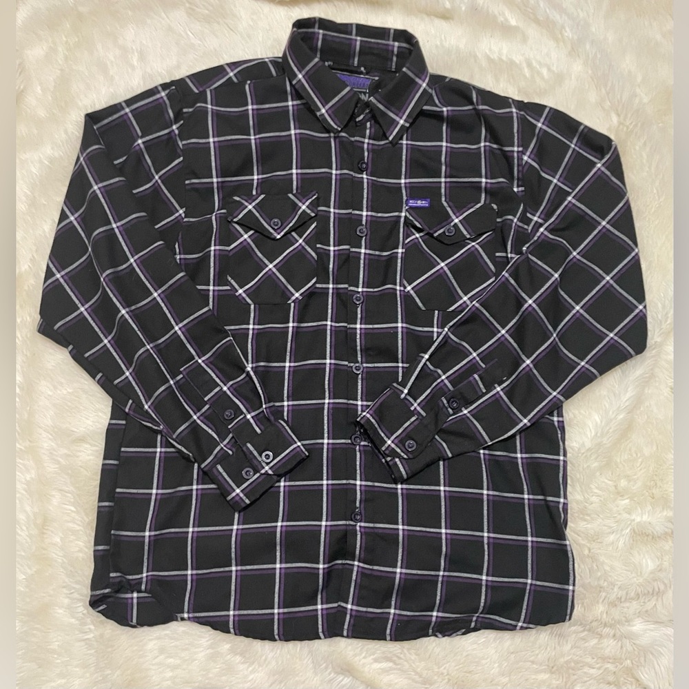 Dixxon Defcon Powersports Flannel Shirt, Black / Purple / White, Men’s Large